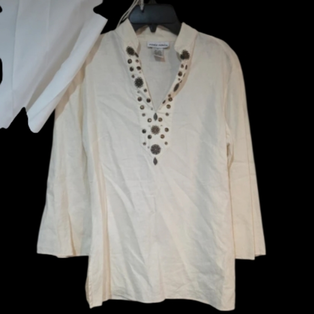 Michele Michelle Sz 8 Cream Linen Rayon  With Metal Embellishment Tunic
